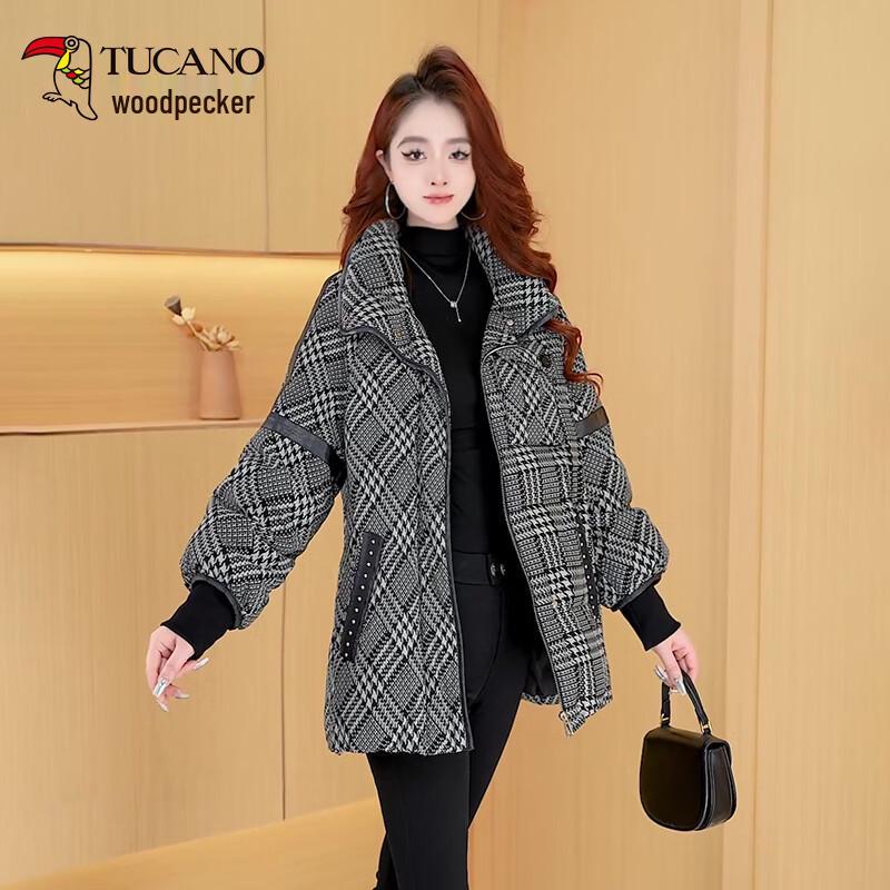 TUCANO Women's Plaid Mid-Length Down Jacket with Large Lapel