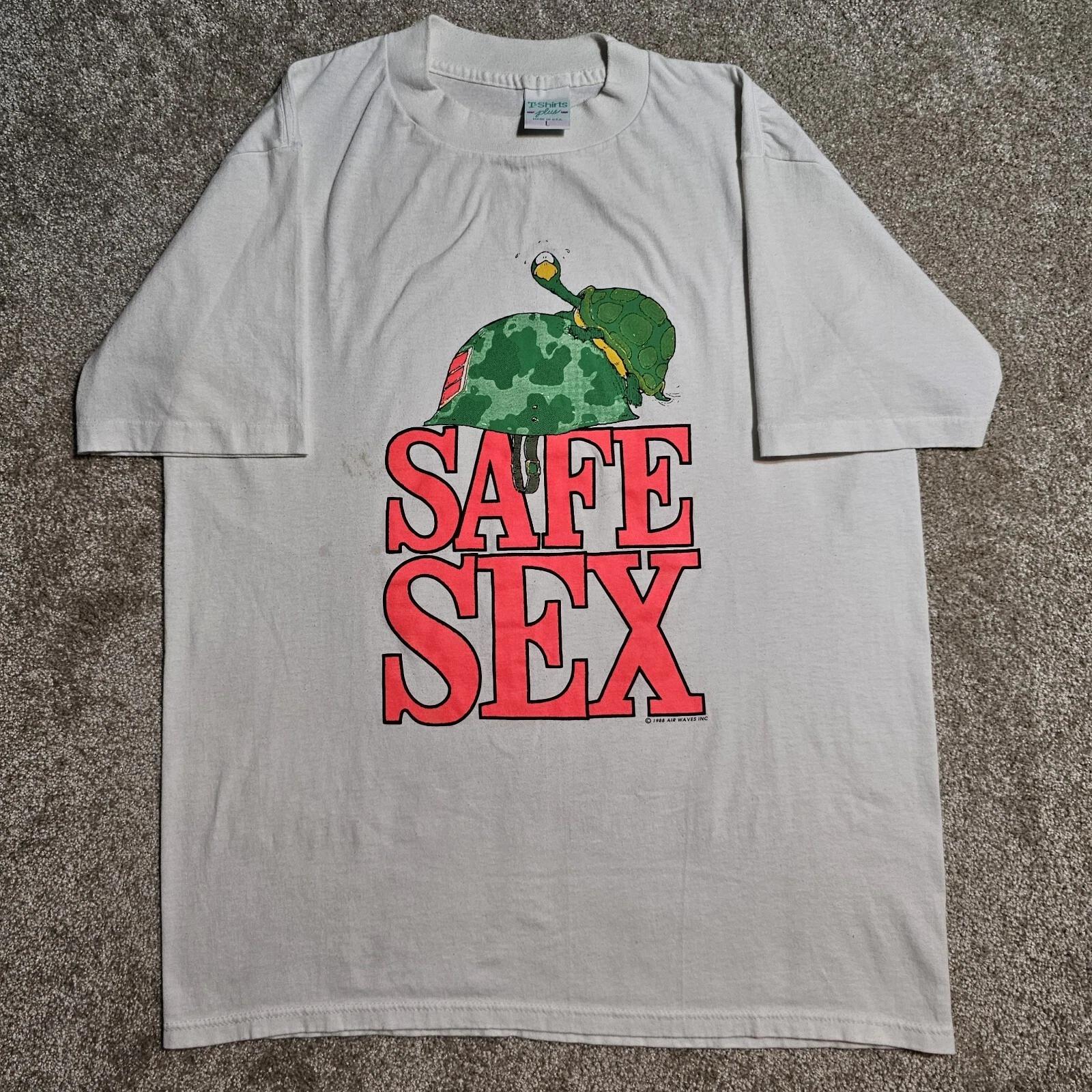 Vtg 80s Air Waves SAFE SEX T-shirt Mens XL Single Stitch Turtle Funny Neon 1988 M