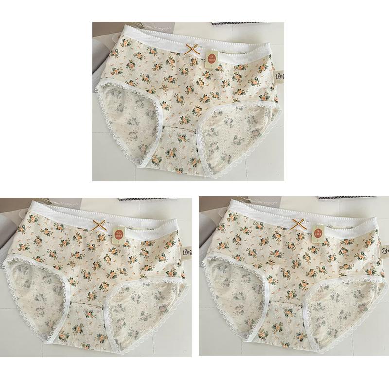 3pcs Cotton Women Flower Printe Panties Adolescent Mid Waist Underwear Girl Fashion Brief Breathable Panty Student Soft Lingerie