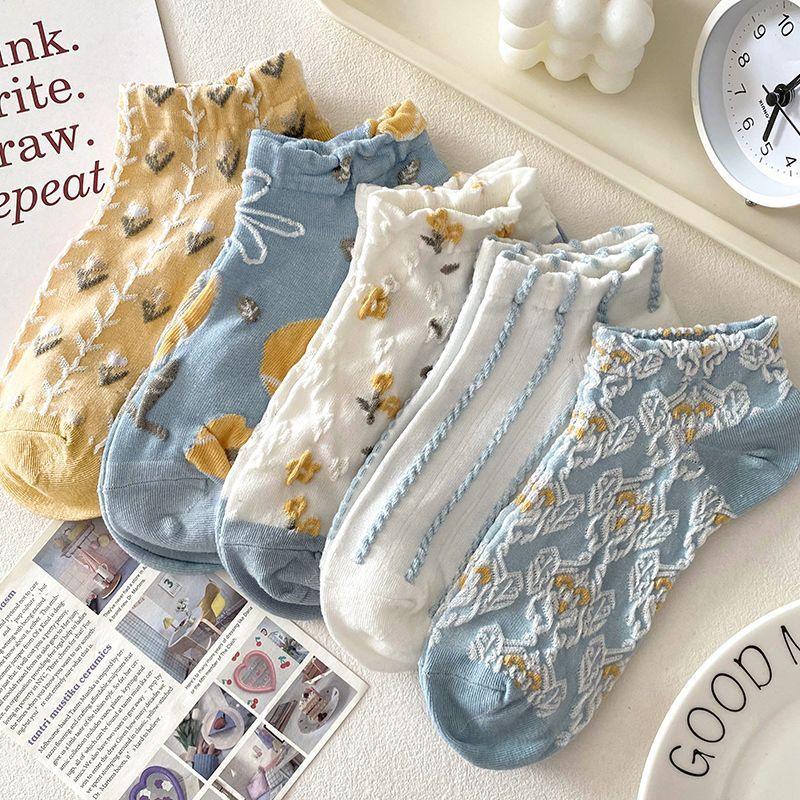 

Women s No-Show Socks - Trendy Japanese Style with Small Flower Design 5 Pairs Xinjiang Cotton