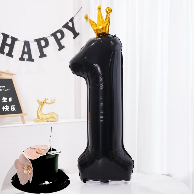 40-tommers Svart Tallballong Svart Krone Tall Folieballonger For 1-årsdag Babyshower Jubileum Bryllupsdekorasjon