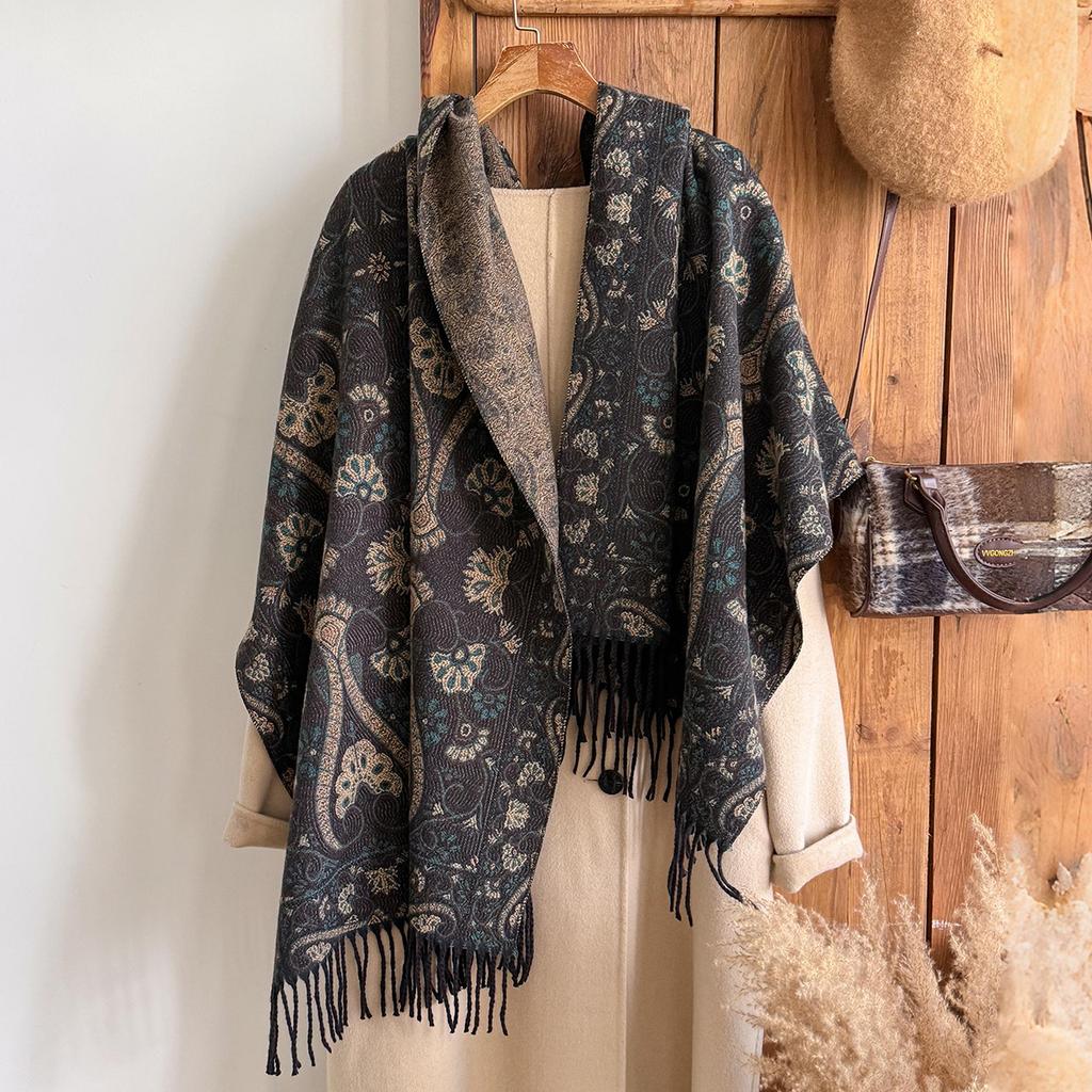 Fashion Women'S Winter Warm Cashmere Shawl - Vintage Floral Oil Painting Printed Tasseled Pashmina Thick Wrap