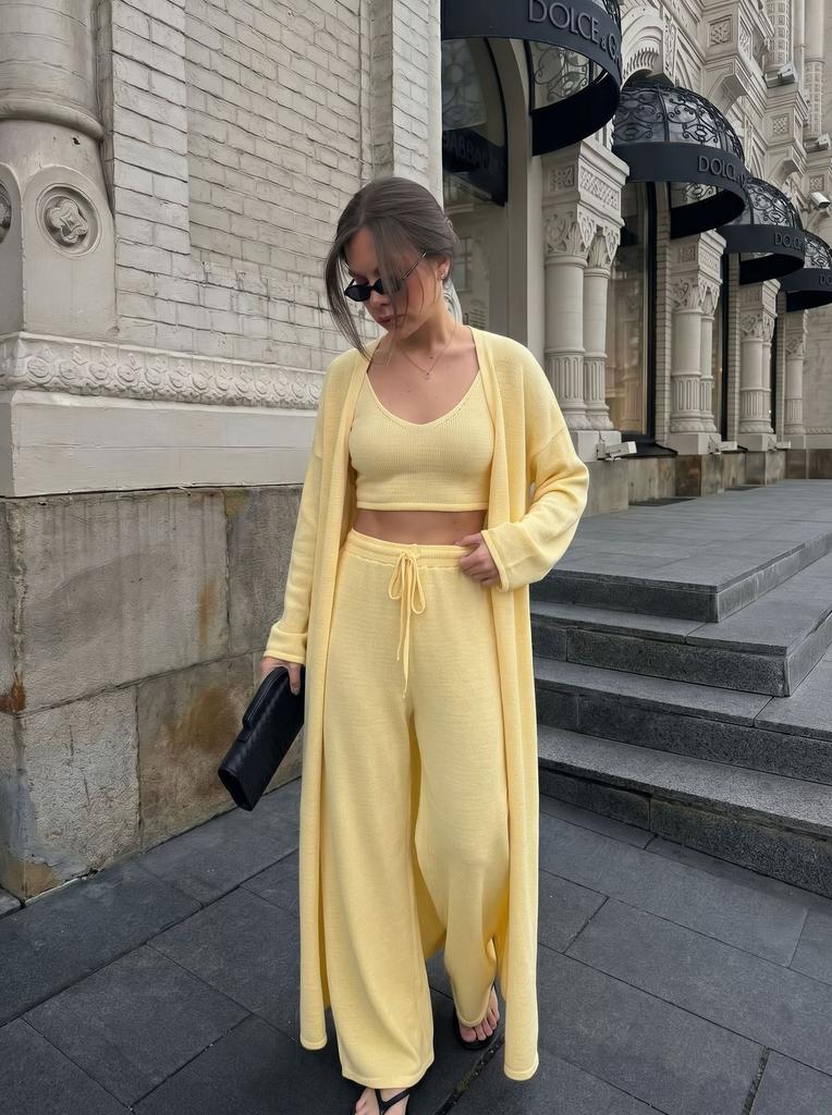 European and American style hot-selling new pure cotton sweater set: women's tank top + pants + long coat three-piece set