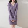Women Sweater Dress 100% Wool V-neck Knit Long Pullover Winter Jumpers Wool Long Dress Female