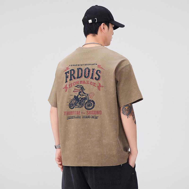 New American Retro Cotton Short-sleeved T-shirt Men's Loose Heavy Printed Half-sleeved Top