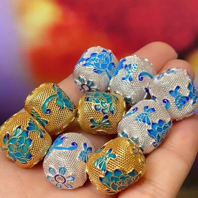5 pièces, Perles tonneau à motif de lotus cloisonné vintage, Plaqué or/argenté, Intercalaires pour bijoux DIY pour la fabrication de bracelets et de colliers 15×13mm