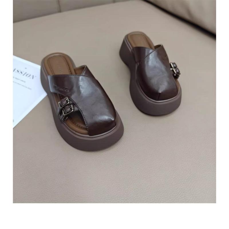 Baotou Half Slippers Women's New Leather Big Head Lazy People Wear Slippers Outside Muffin Platform Shoes