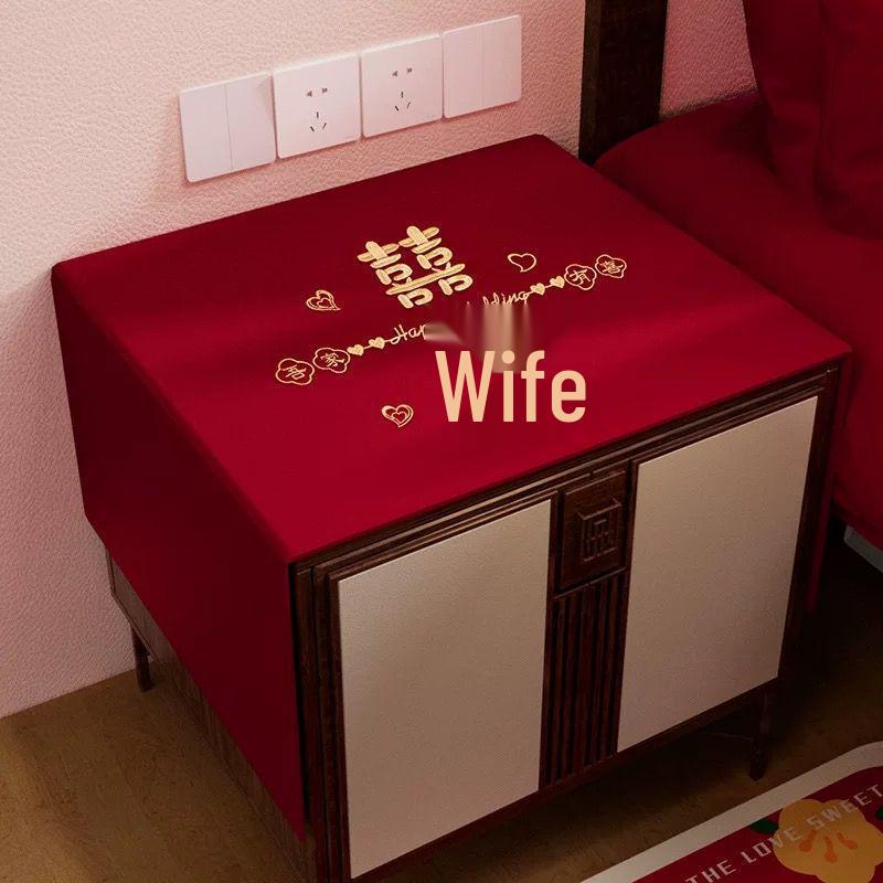 Chinese Red Wedding Bedside Table Cover with Double Happiness Print - Tablecloth & Dust Cover Set
