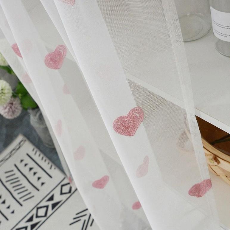 Koreans Meisje Doorzichtig Voile Gordijn Roze Liefde Hart Borduurwerk Tule Gordijn Kant-en-klaar Raamgordijnen Voor Woonkamer Slaapkamer W100cm x H180cm(1PC)&Multifunction Tape