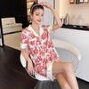 Summer Red Jungle Print Short-Sleeved Loungewear Ice Silk Pajamas Women'S Lapel Cardigan Two-Piece Set