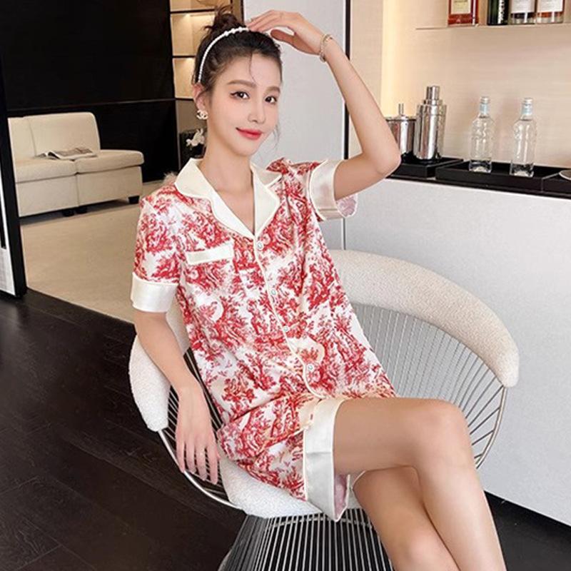 Summer Red Jungle Print Short-Sleeved Loungewear Ice Silk Pajamas Women'S Lapel Cardigan Two-Piece Set