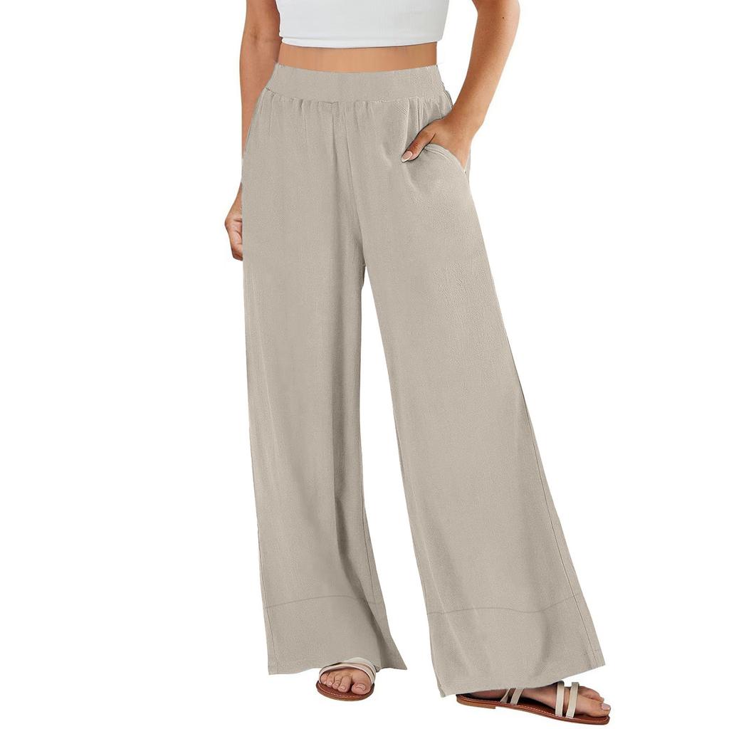 Women's Loose High-waisted Cotton And Linen Solid Color Straight-leg Flared Pocket Wide-leg Pants