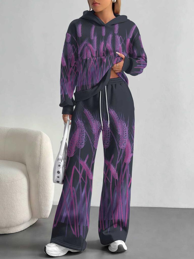European, American autumn and winter blue splicing flower casual long-sleeved suit women's hooded sweater trousers two-piece set