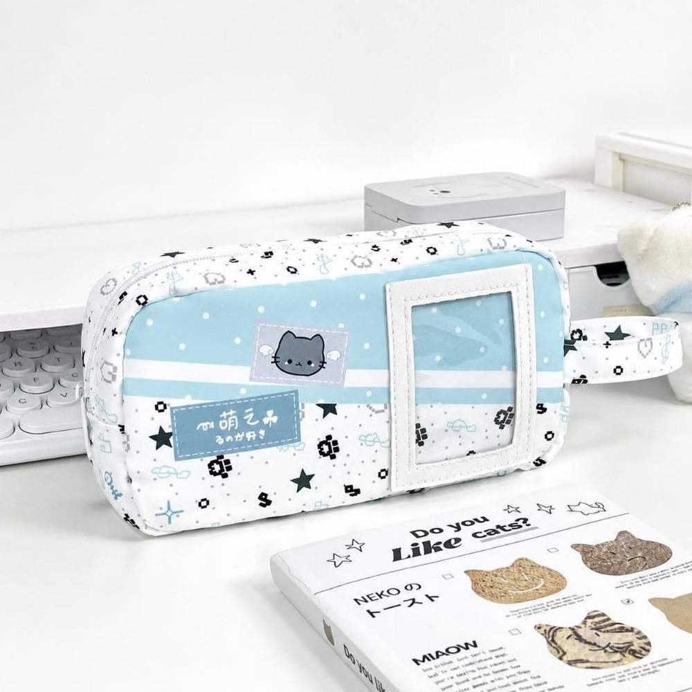 Blaue Pixel-Katzen-Print-Stifttasche mit Klarsichtfenster Schlamperetui Schlampertasche Schulbedarf