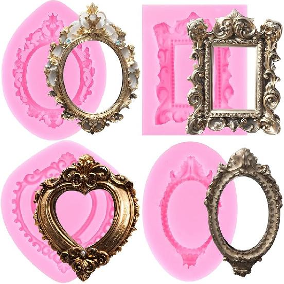 Mujiang Photo Frame Fondant Molds Picture Frames Silicone Mold Vintage Frame Molds For Cake Decorating Cupcake Topper Chocolate Candy Polymer Clay