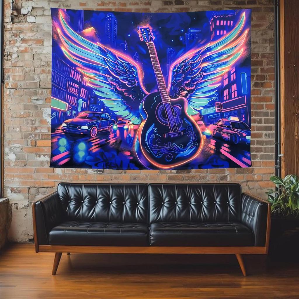 TUGCAY Blacklight Guitar Wing Tapestry UV Reactive Rock Music Tapestry Punk City Car Building Street Wall Hanging Tapestries for Bedroom Dorm Living