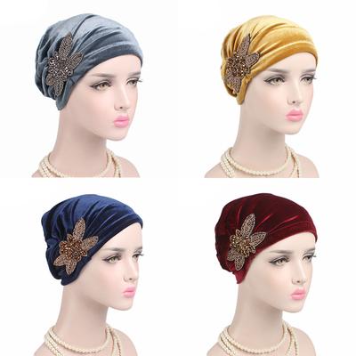 Accessories Tam-O'-Shanter Chemotherapy Sleeve Cap Velvet Pleated Hat Beaded Pattern