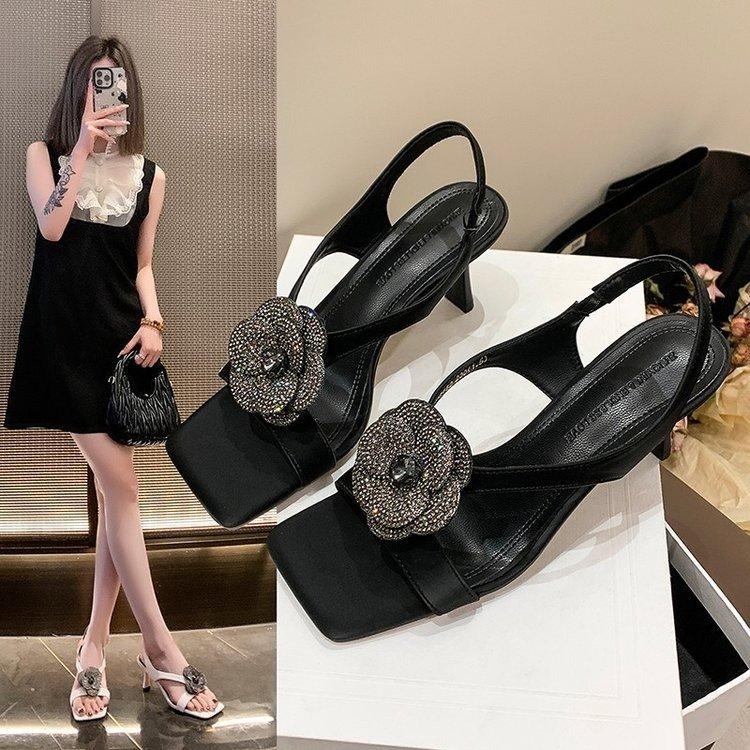 High-heeled sandals 2025 summer new sexy rhinestones flower square head thin heel elastic band thin versatile sandals women