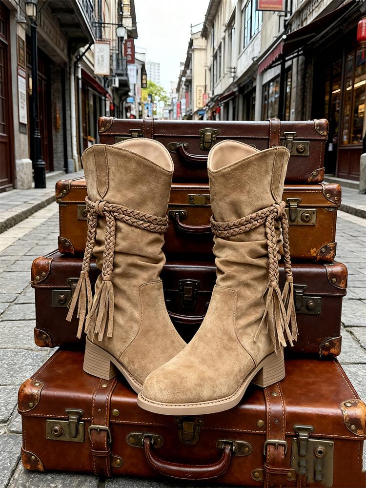 

7 см внутренняя платформа, полусапоги на толстой подошве, детские 2025 новые, толстый каблук, ретро, бахрома, ремешок, сапоги-чулки, ковбойские сапоги 40 хаки