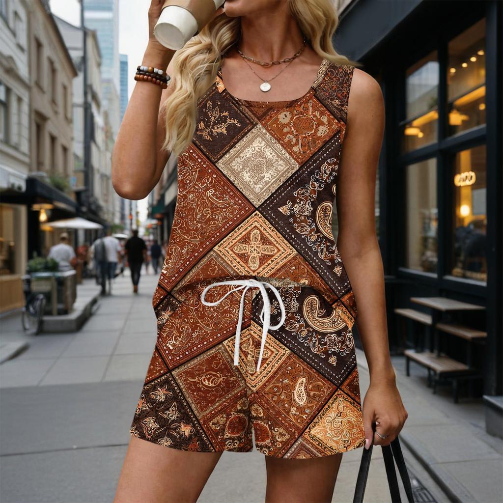 Women Summer Casual Two Piece Set Vintage Floral Print Sleeveless Tank Top Square Neck Sporty Shorts with Pockets