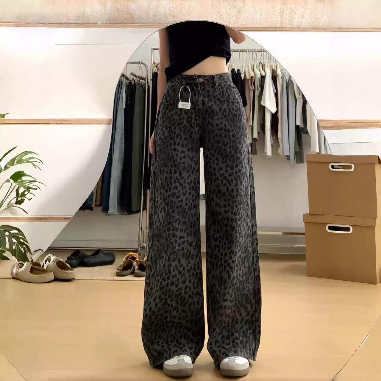 Autumn Plus Size Leopard Wide Leg Jeans for Pear-Shaped Women M