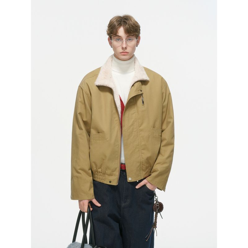 Dream Made American Barn Style Boxy Short Wide Workwear Cotton Jacket for Men, Winter Fleece-Lined and Thickened Cotton Coat