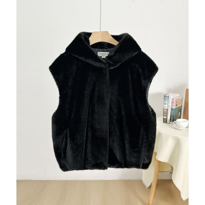 Nuovo Gilet con Cappuccio da Donna in Ecopelliccia Gilet Corto Monopetto Capospalla Casual