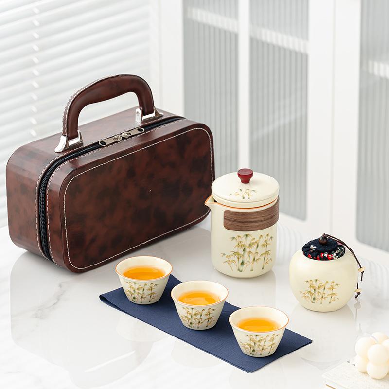 Golden Silk Bamboo Rhyme High-end Express Customer Huang Ru Kiln Travel Tea Set Ceramic Set Business Trip Business Car Express Cup