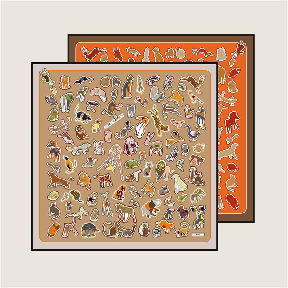 POBING Manual Hand Rolled Twill Silk Scarf Women Animals Double Print Square Scarves Wraps Echarpes Foulards Femme Hijab 90CM