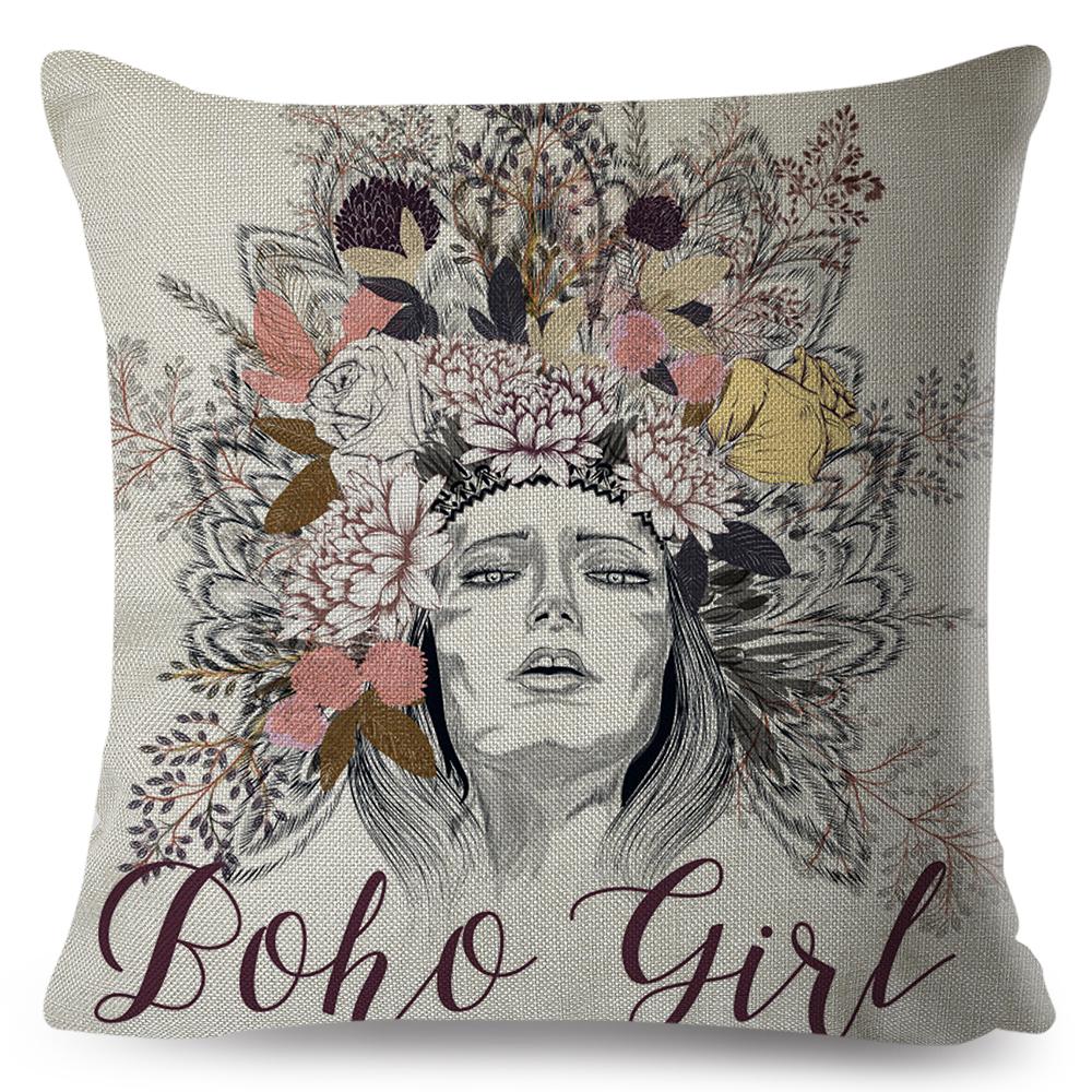 Fashion Woman Art Pillowcase Double Print Boho Lady Cushion Cover Soft Plush Portrait Pillowcase Home Decor