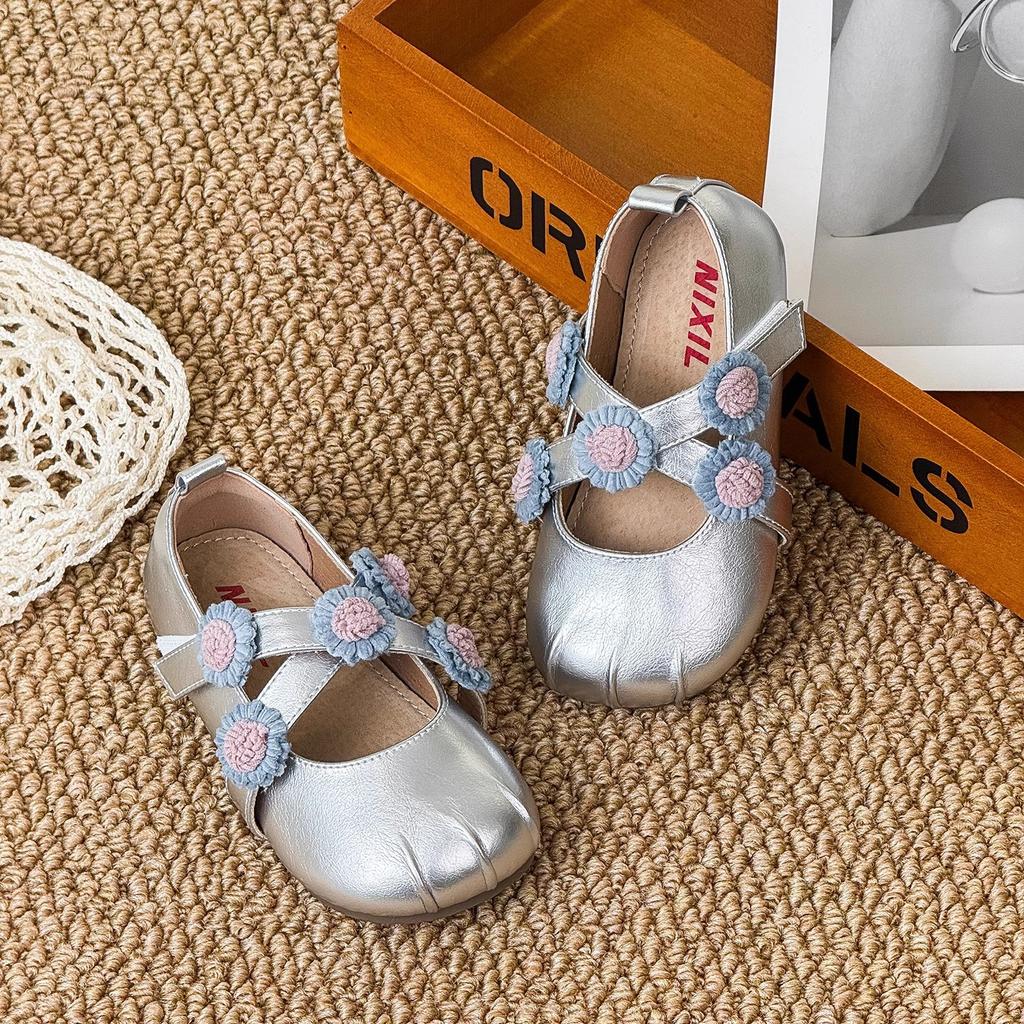 Girl Princess Shoes 2025 Autumn Children's Korean Version Flower Cross Strap Mary Jane Shoes Leather Shoes Little Girl Shoes