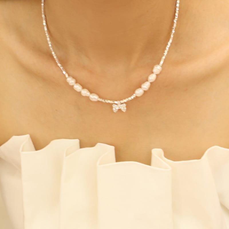 VINTAGEPINK Giselle Pearl Ribbon Silver Necklace [925 SV]