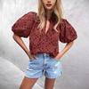 Top Estivo da Donna Moda Casual Manica a Lanterna Scollo a V Bottoni Ricamo Intrecciato in Pizzo Camicia