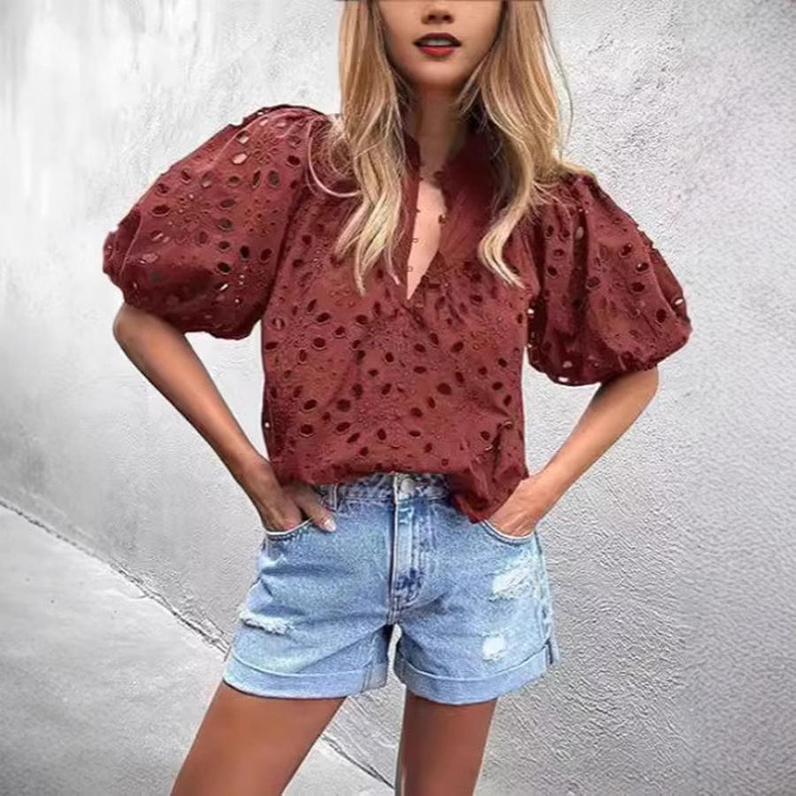 Top Estivo da Donna Moda Casual Manica a Lanterna Scollo a V Bottoni Ricamo Intrecciato in Pizzo Camicia