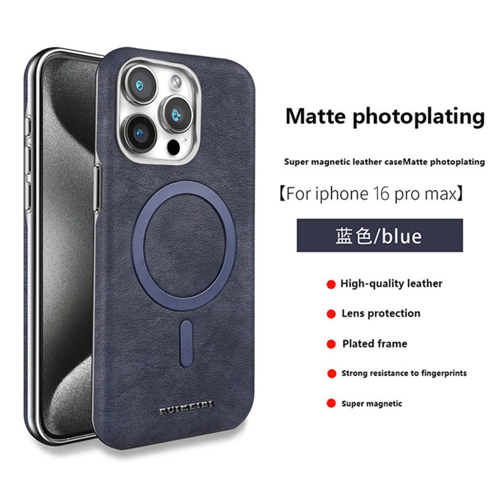 

Strong Magnetic Charging Matte Leather Case for iPhone 16 Pro Max 15 14 Plus 13 12 Pro Plating Lens/Button/Bumper Phone Cover For iPhone12 тёмно-синий
