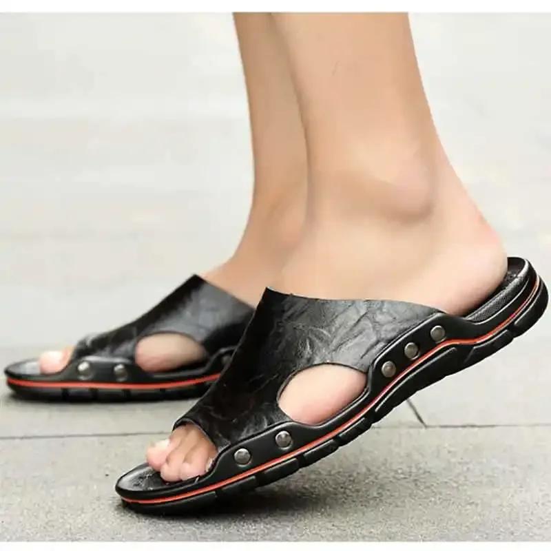 Genuine Leather Slippers Men Big Size Breathable Men Beach Sandals High Quality Outdoor Flip Flops Soft Men Slippers New