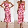 New European and American Women's Clothing Sexy Suspender Dress Printed Diagonal Neck Fishtail Dress Temperament Commuting