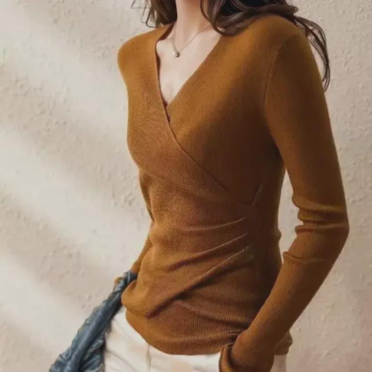 Korean Slim-Fit V-Neck Knit Sweater for Spring & Autumn - Women's Long-Sleeve Top