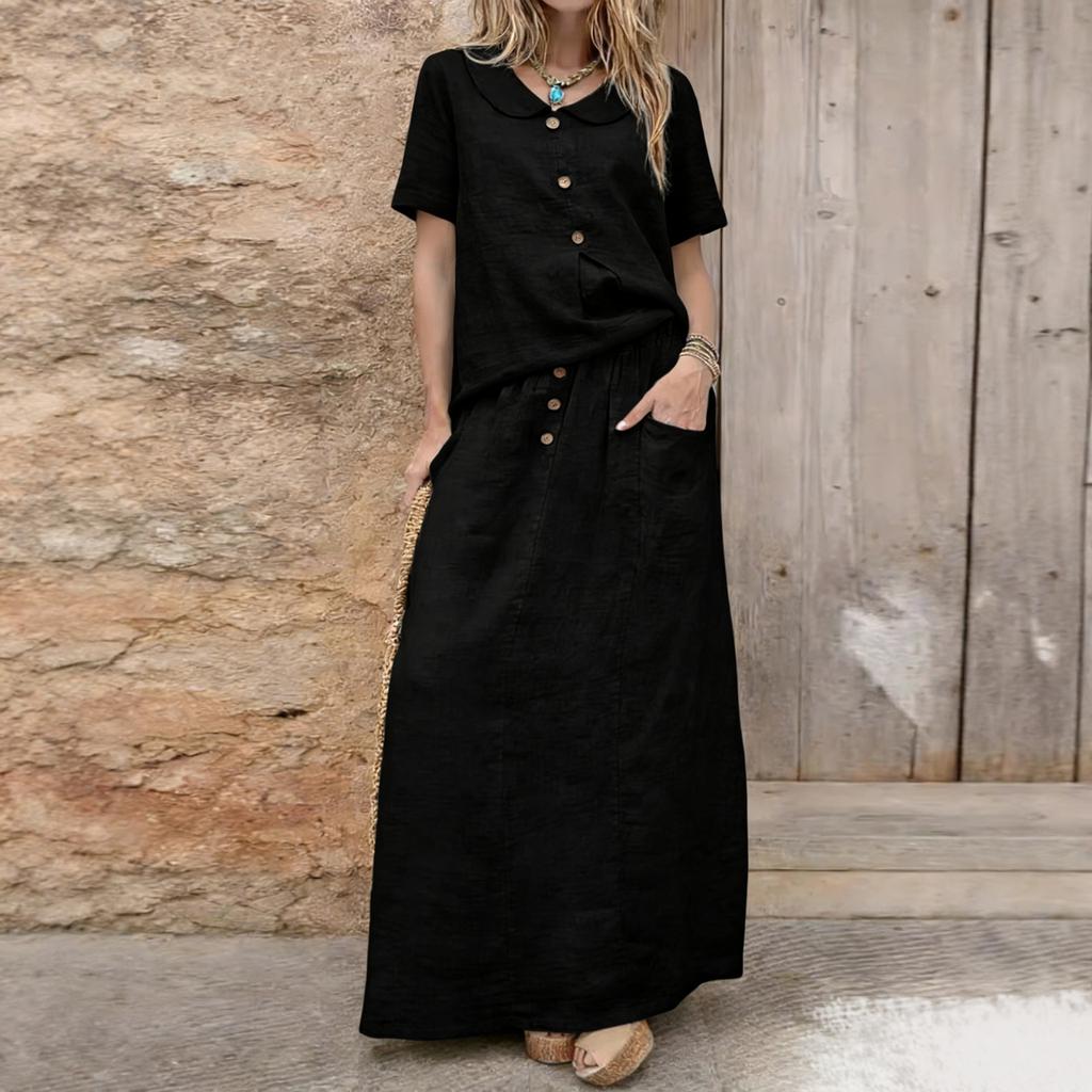 Women's Fashionable Loose-Fit Cotton-Linen Blend Top And Skirt Two-Piece Casual Set