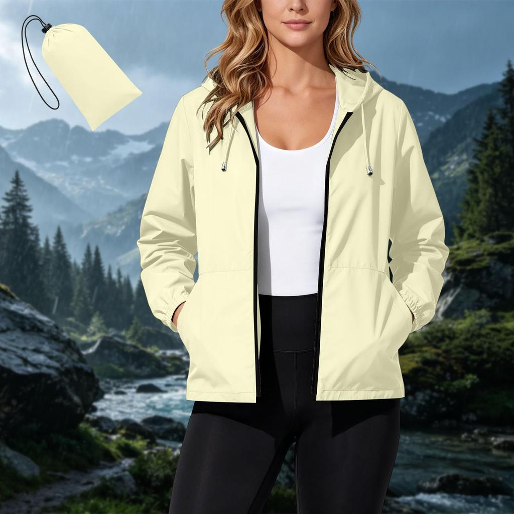 Wasserdichte Winddichte Kapuzenjacke für Damen, Leichter Reißverschluss-Regenmantel für Draußen mit Verstellbarem Kordelzug und Taschen für Reisen und Wandern
