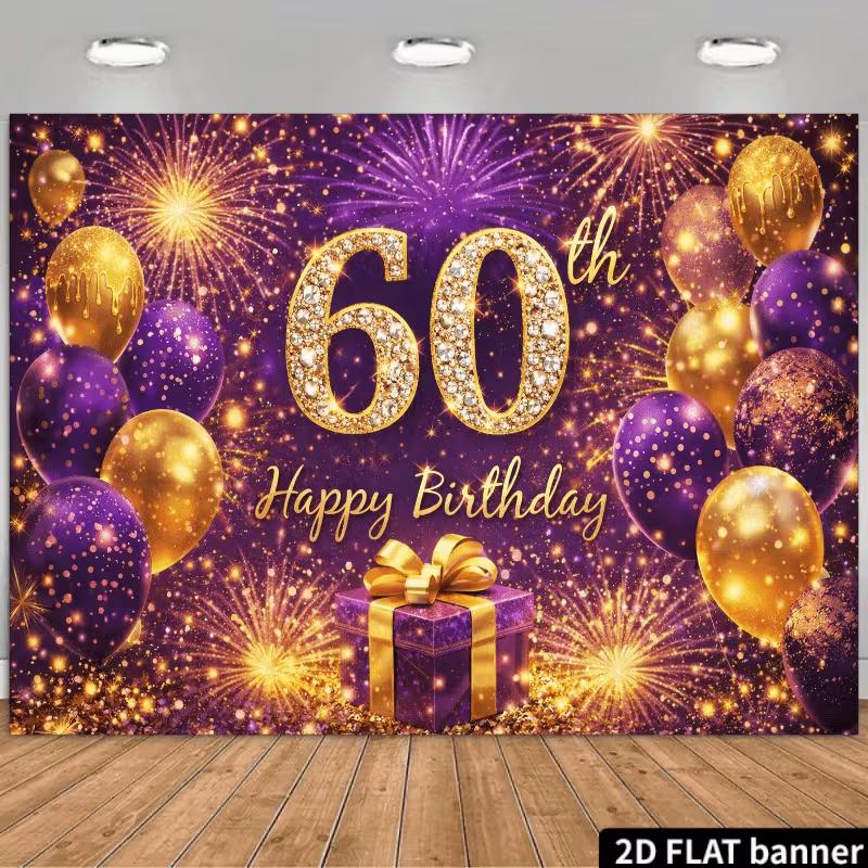 2D 60th Birthday Backdrop Purple Gold Balloon Firework Party Background Banner 47.2x31.5inch/120*80cm