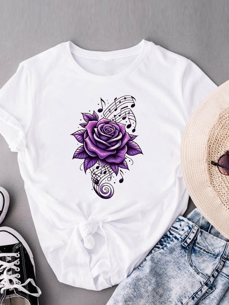 (Asian Size) Clothing Lovely Flower Style Trend Print Female Casual Short Sleeve Fashion T Women's Top Graphic Tee T-shirts