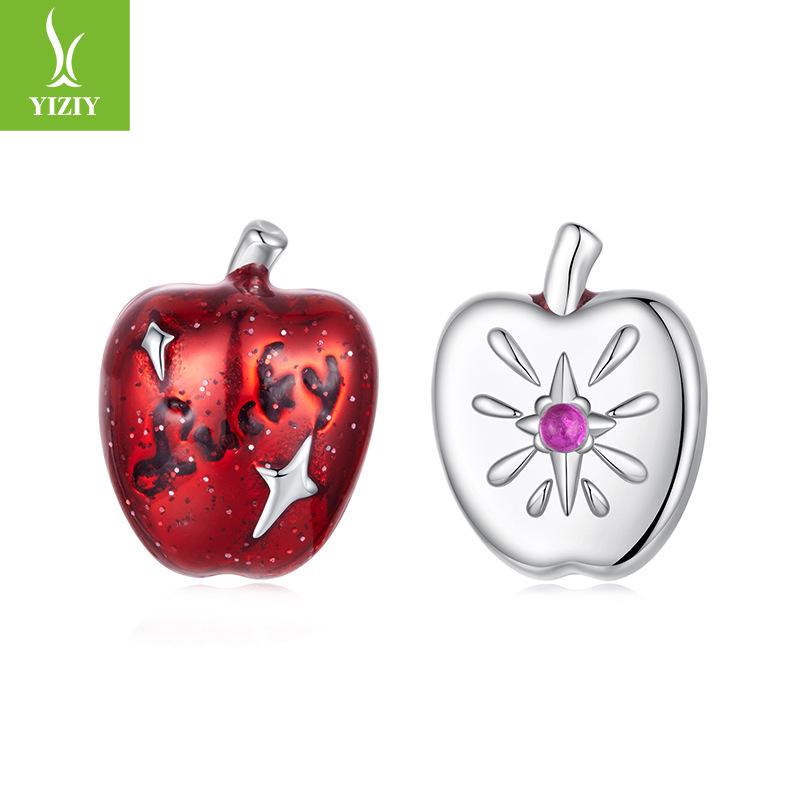 Yinziyun Asymmetrical Christmas Apple Earrings: S925 Sterling Silver Lucky Red Apple Studs