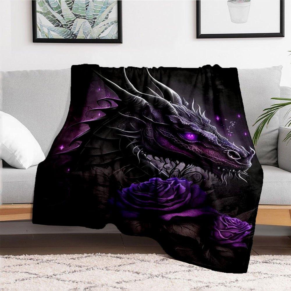 Purple Rose Dragon Wall Art Print PosterBlanket Flannel Throw Blanket for Sofa, Bed, Travel, Camping, Office, Couch, Chair, And Bed Gift for
