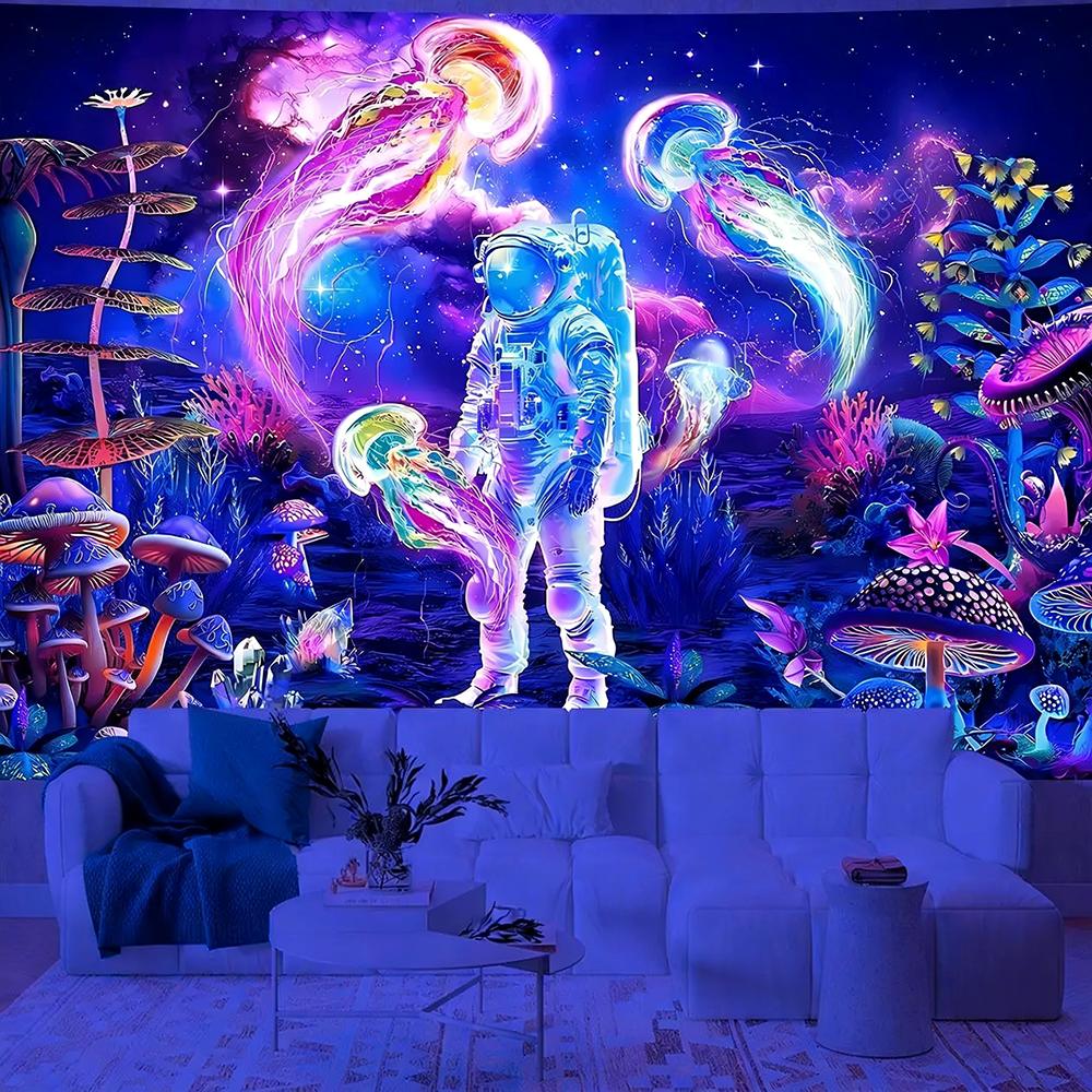 Neon Astronaut Tapestry For Vivid Decor Uv Reaction Tapestry Background Decoration Wall Hanging Bedroom Party Decoration