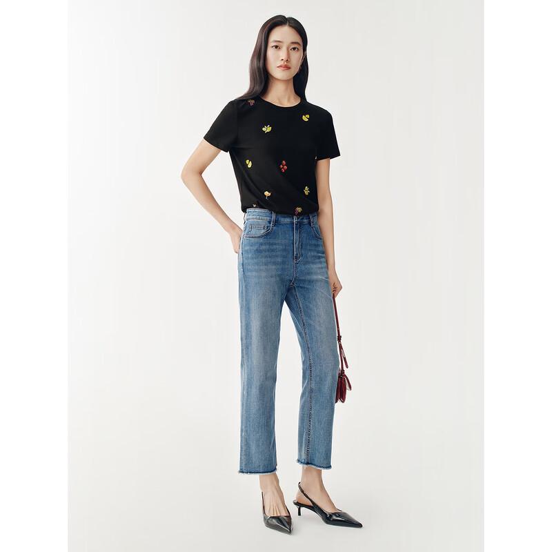 JUZUI Women's Fruit Embroidered Beaded Slim-Fit T-Shirt
