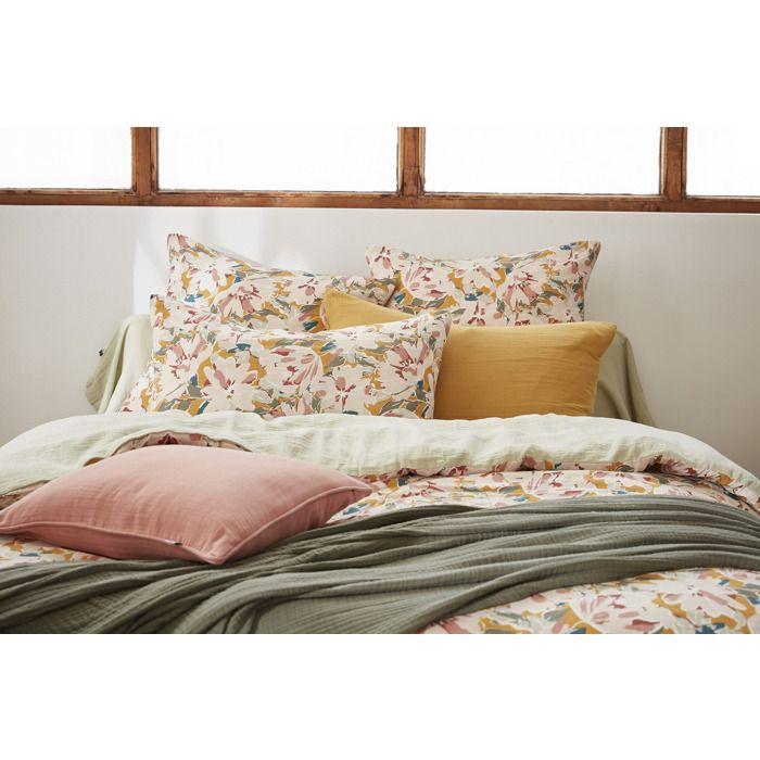 Housse De Couette - CLARENCE - 240 X 260 Cm - Double Gaze De Coton - Motif Floral - Vert D’eau