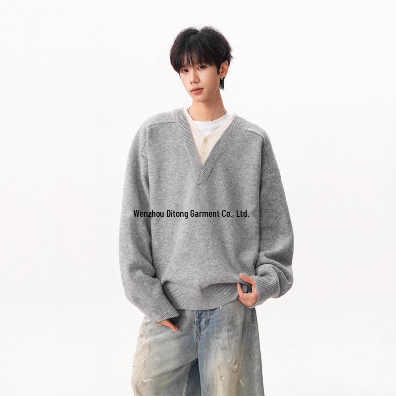 Men s Retro V-Neck Knit Sweater - Two-Piece Look, Loose Fit, Long Sleeve, Autumn/Winter Polo Pullover XL светло-серый
