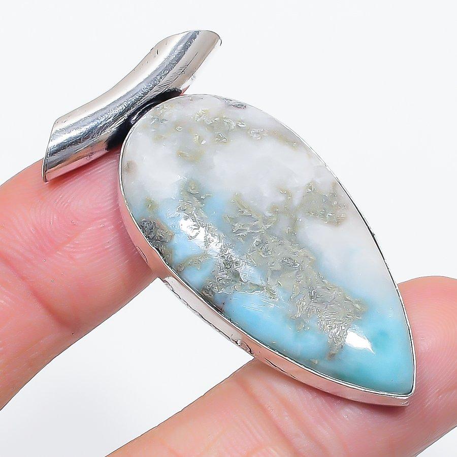 Natural Larimar Gemstone Handmade 925 Sterling Silver Jewelry Pendant 1.97" S4a55