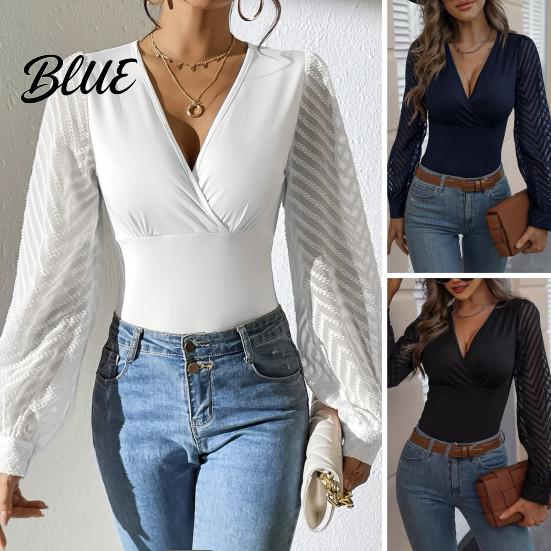 Casual Women Shirt Tops V-Neck See-Through Lantern Long Sleeves Tee Solid Color V-neck Top Slim Fit Pullover Daily Wear Blouse
